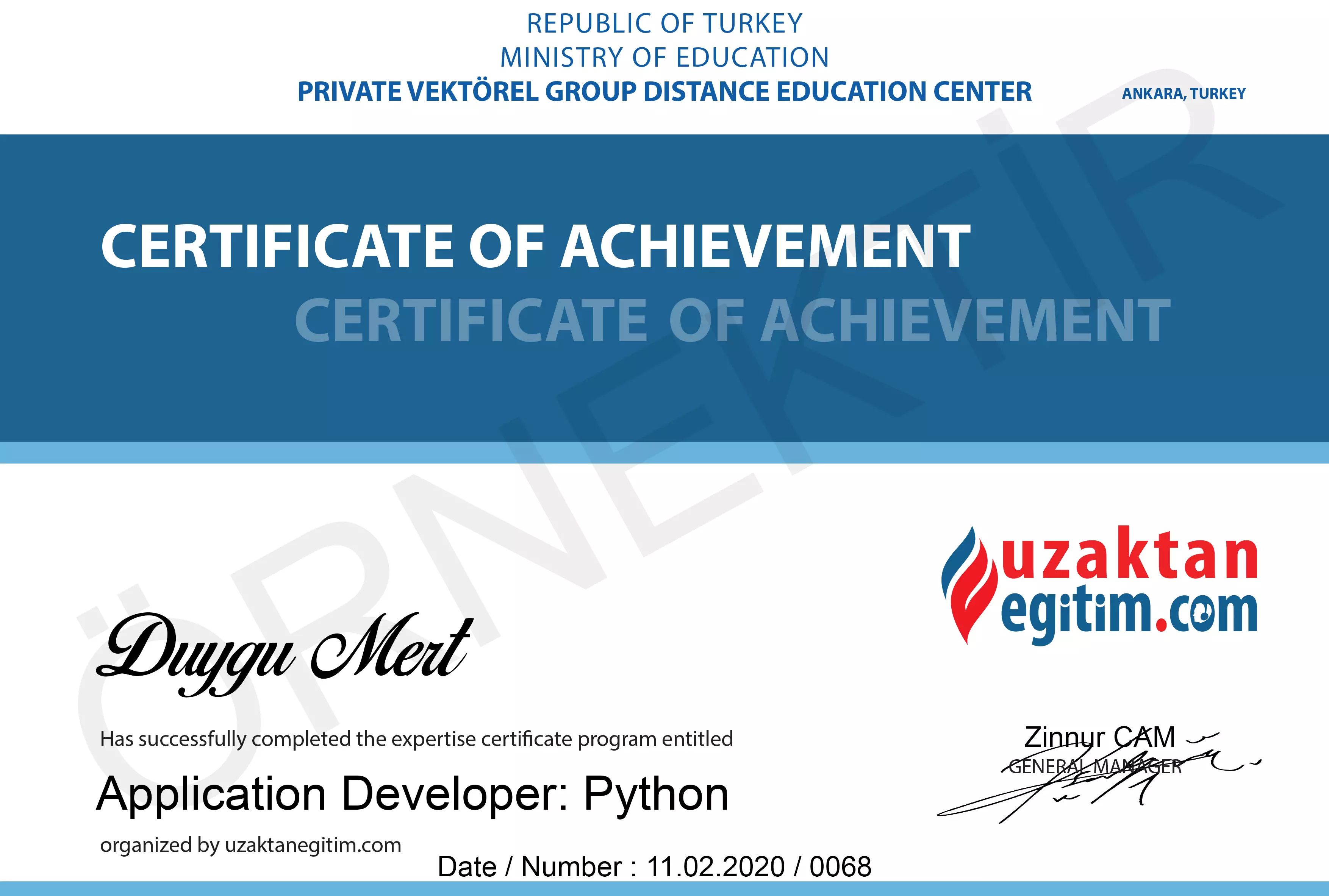 Python Eğitimi Başarı Belgesi