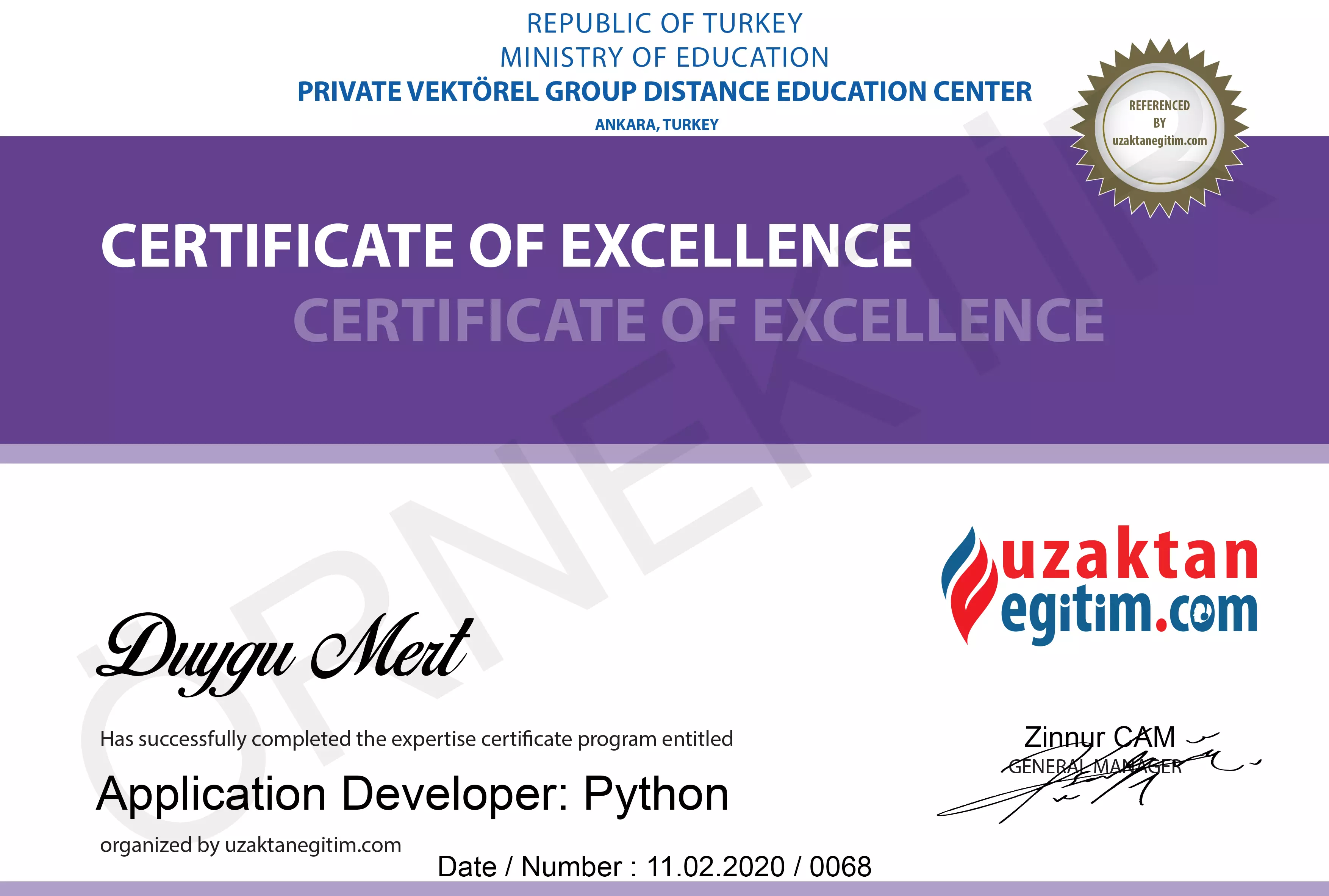 Python Eğitimi Üstün Başarı Belgesi